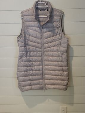LANDS' END LONG QUILTED ULTRALIGHT VEST  LARGE(14-16)  GRAY/TAN